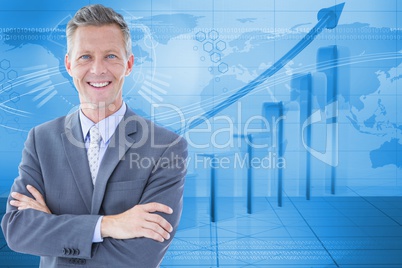 Digitally generated image of businessman with graph and world map in background