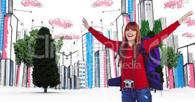 Digital composite image of happy female tourist with buildings and trees in background
