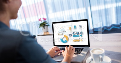 Woman using laptop with various icons on screen at table