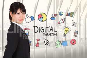 Side view of businesswoman with digital marketing graphics