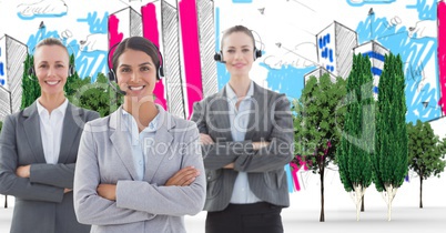 Digital composite image of customer service representatives with arms crossed in drawn city