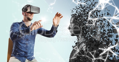 3D black male AI and man sitting in VR with flare on finger against blue background with white netwo