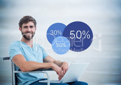 Man in wheelchair with laptop and blue statistics against blurry blue wood panel