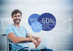 Man in wheelchair with laptop and blue statistics against blurry blue wood panel