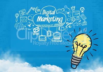 Colourful lightbulb and Digital marketing text with drawings graphics