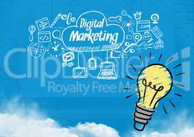 Colourful lightbulb and Digital marketing text with drawings graphics