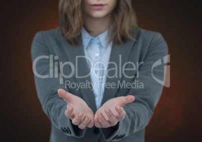 Woman with open hands with brown background