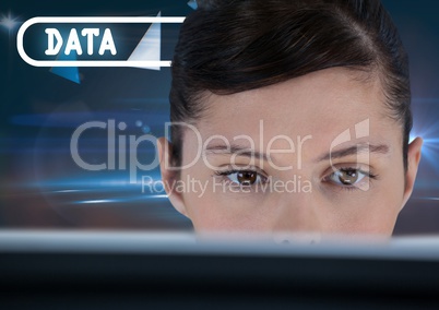 Data text and woman on computer
