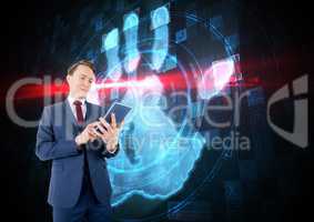 Bussines man with tablet with hand scan background