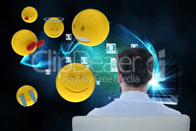 Composite image on businessman and smileys is 3d