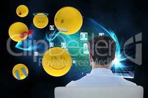 Composite image on businessman and smileys is 3d