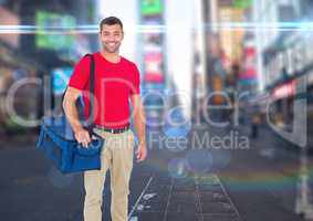 Happy pizza deliveryman with delivery bag in the city with lights