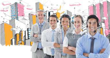 Digital composite image of business people using headphones with buildings in background
