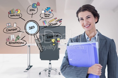 Digital composite image of businesswoman with files by icons in office