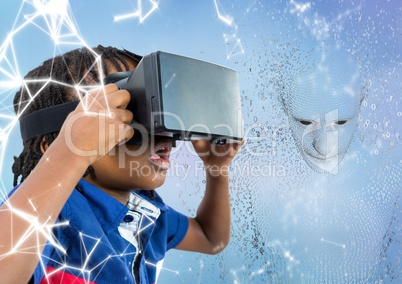 Kid in VR against 3D male shaped binary code against blue background and white network
