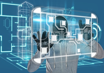 Grey jumper hacker with out face, hands up, technological city background