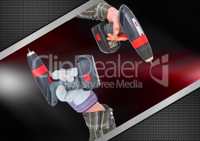 hands with drills with red and metal background