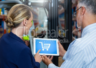 People using Tablet with Shopping trolley icon