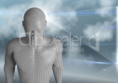 3D white male AI against glass screen and clouds