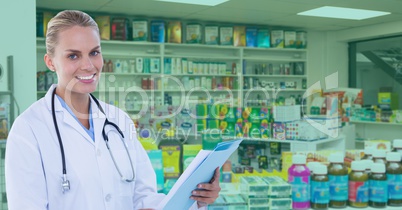 Confident doctor standing at pharmacy