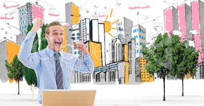 Digital composite image of excited businessman celebrating against drawn city