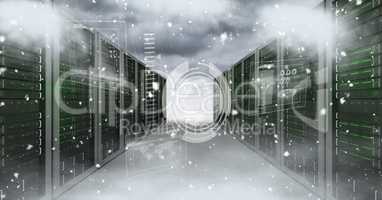 Digital composite image of servers and clouds