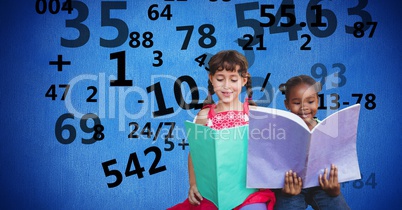 School girls reading books while numbers flying in background