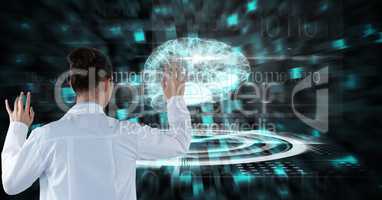 Digital composite image of businesswoman touching futuristic screen