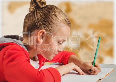 Girl doing homework against blurry brown map
