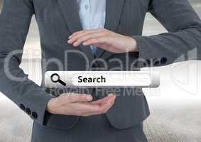 Hands holding Search Bar with sea background