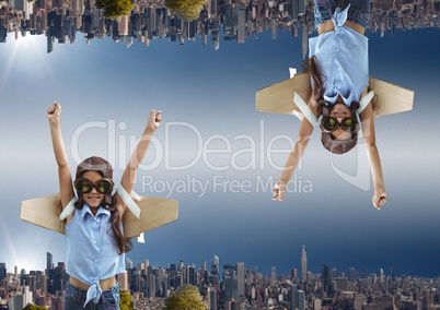 up side down city. sky background girl want's to fly