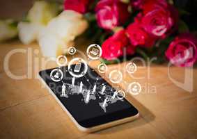 Phone on table with roses and white interface