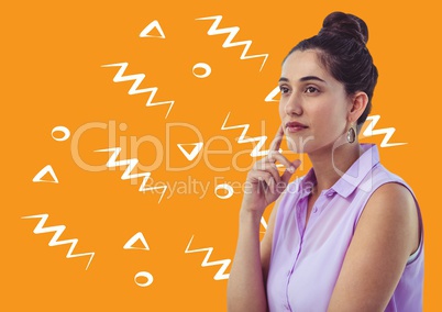 Woman thinking against orange background with white patterns