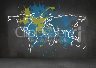 Colorful Map with paint splatters on wall background