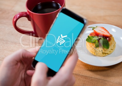 Person using Phone with Shopping trolley icon