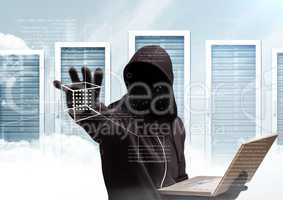 Black jumper hacker with out face sit with the computer. server background