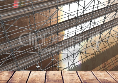 Large room with wood shelf with 3D Scaffolding