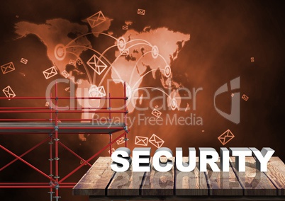 Security Text with 3D Scaffolding and world map interface network