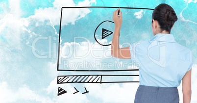 Woman with marker against website mock up and sky