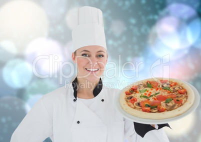 Chef with pizza. Lights background