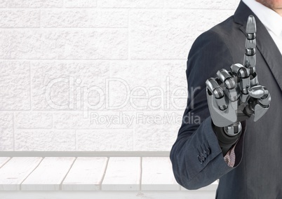 Android Robot Businessman hand pointing with bright background