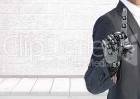 Android Robot Businessman hand pointing with bright background
