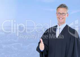Judge in front of blue city background