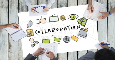 Collaboration text by icons and business people on table