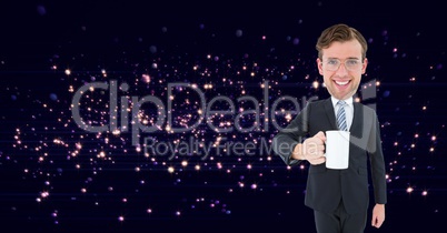 Digital composite image of nerd holding coffee cup