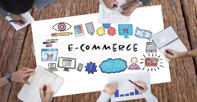 E-commerce text surrounded by graphics and business people's hands