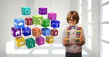 Little boy holding abacus by apps icons