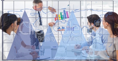 Digital composite image of graphs and grid with business people working in office