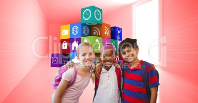 Portrait of smiling school children standing against apps icons