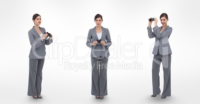Multiple image of businesswoman holding binoculars